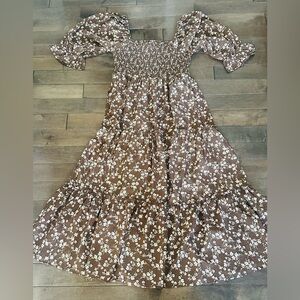 NWT Women’s Sz L Brown/White In February Floral Flowy Midi Puff Sleeve Dress